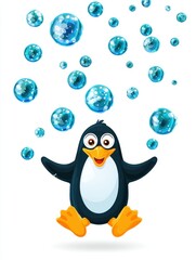 Playful Penguin with Light Blue Bubbles on White Background