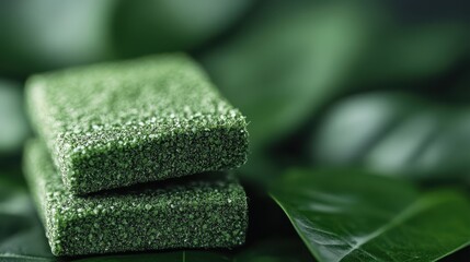 Two eco-friendly green cleaning bars rest on lush green leaves, symbolizing sustainability and a commitment to environmental wellness in a fresh and vibrant natural setting.