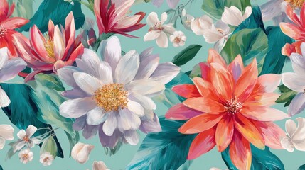 Vibrant floral pattern with mixed blooms and foliage