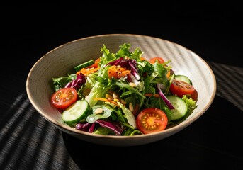 Fresh salad bowl representing healthy eating and wellness, with tomatoes and greens