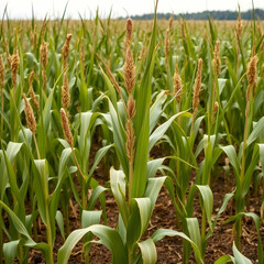 Fototapeta premium Front view of a corn field which plants have reached their maximum height