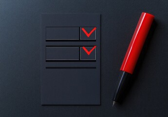 Two checkboxes marked with red check marks on a dark gray card.  A red pen rests beside it