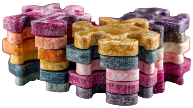 Puzzle Pieces: A vibrant array of colorful puzzle pieces meticulously stacked and arranged, symbolizing collaboration and problem-solving in a visually captivating composition.