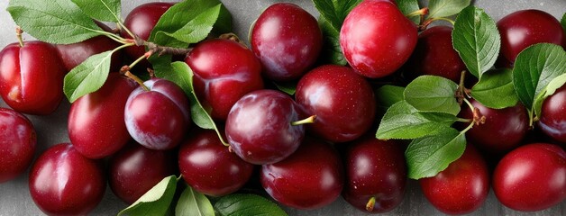 Obraz premium Top view showcases fresh plums with rich colors and intricate details, enhanced by natural lighting on a textured background