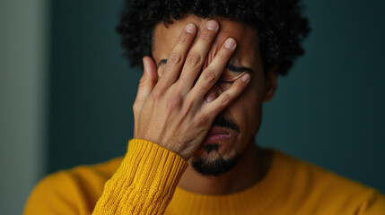 Closeup man covering eyes with hand in yellow sweater, expressing stress or panic attack, emotional anxiety concept