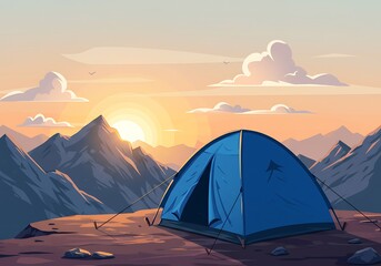 Blue tent under mountain sunrise