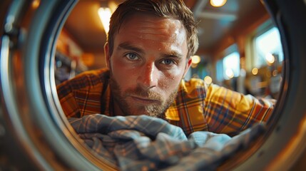 A man intently gazes into a washing machine, surrounded by a cluttered laundromat, embodying curiosity and the mundane aspects of everyday life and chores.