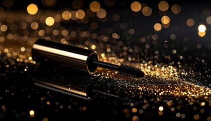 Golden Mascara on Glittering Black Background
