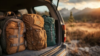 Three stylish backpacks are arranged in the back of an open vehicle, surrounded by a beautiful landscape, inviting exploration and outdoor adventures in nature's embrace.