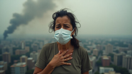 A concerned woman wearing a protective mask stands against a backdrop of cityscape with smoke rising in the background. The image speaks volumes about pollution and personal health.