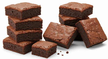 Chocolate brownies with glossy ganache on a white background