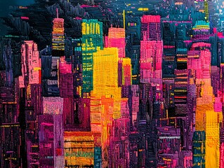 Obraz premium Urban Kaleidoscope: A mesmerizing cityscape painted in vibrant hues, creating an immersive artistic vision of urban life and architectural design.