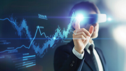 Businessman virtual reality headset interacts holographic stock market chart