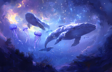 Obraz premium Mystical Underwater Whales and Jellyfish in Cosmic Depths