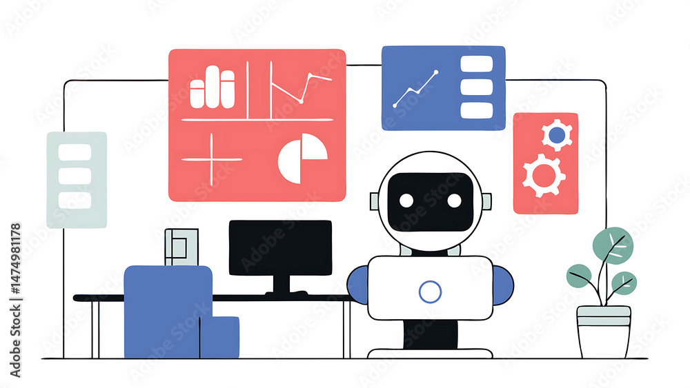 Poster artificial intelligence technology in business set ai robot assistant analyzing data business tasks 