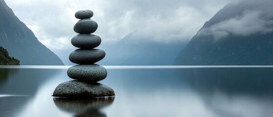 Zen Stone Stack on Still Lake Reflecting Mountains in New Zealand Landscape Serene Balance Tranquility Peaceful Nature Scenery