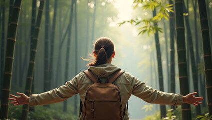 A woman embraces nature in a tranquil bamboo forest, her arms outstretched with a backpack on. Sunlight filters through the towering bamboo stalks.