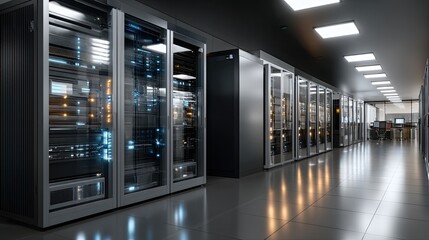 Inside a high-tech server room, a glowing data center is illuminated by blue and purple lights amidst a dark, sleek environment