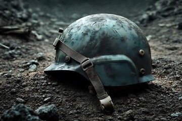 A soldier's helmet rests on the battlefield, a stark reminder of war.