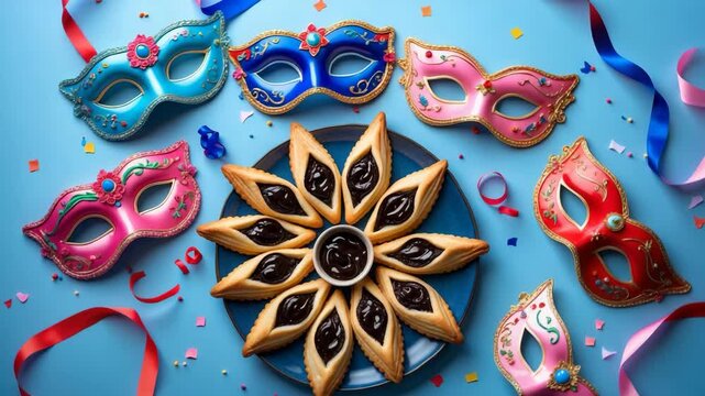 Jewish Carnival festive occasion. Flat lay of cookies, masquerade masks, and colorful decorations.