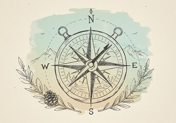 Fototapeta premium Vintage Compass Drawing with Pinecone Accent