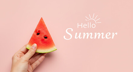 Hand holding watermelon slice on pink background, Hello Summer text overlay, perfect for social media banners and summer promotions