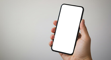 Hand holding smartphone with blank white screen, mockup template for app design, website content, and technology concepts