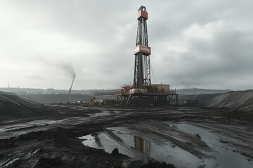 Oil Drilling Rig at a Coal Mining Site Under an Overcast Sky