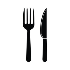 Simple black fork and knife icon set on a white background suitable for restaurant or dining illustrations