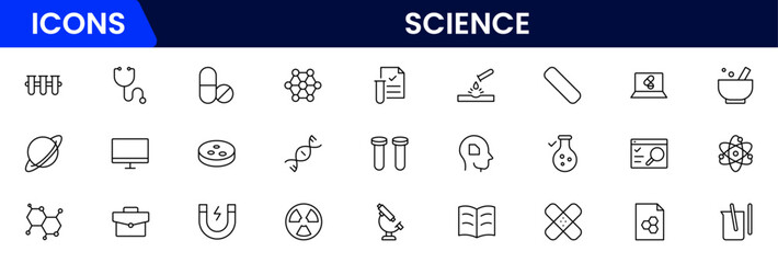 Science and research line icons collection. Big UI icon set in a flat design. Thin outline icons pack. Vector illustration