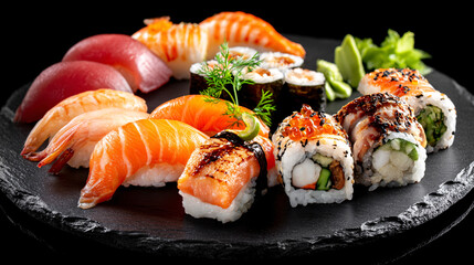 Elegant Sushi Roll Arrangement with Salmon, Tuna, and Shrimp on Slate