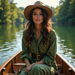 Young woman in a hat and a stylish green suit sits serenely in a boat on a calm lake