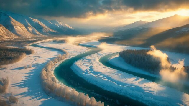 Aerial perspective of a twisty river enveloped by snow