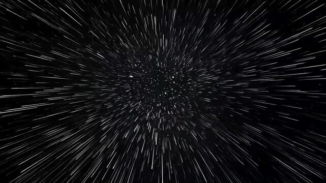 Abstract streaks of white light burst from a central point on a black background, creating a sense of speed and motion