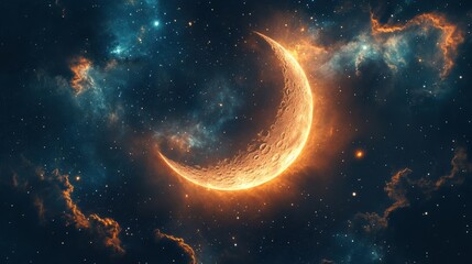 Captivating celestial display of the crescent moon in a cosmic at night sky