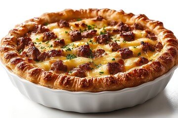 Delicious sausage and cheese quiche baked in a white ceramic dish with flaky crust