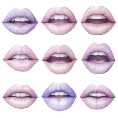 Obraz premium Lips in various shades of purple and pink, showcasing different expressions and textures. image features grid of nine lips, each with unique color gradients and subtle details