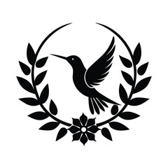Elegant black and white hummingbird design within a laurel wreath featuring a flower and branch elements
