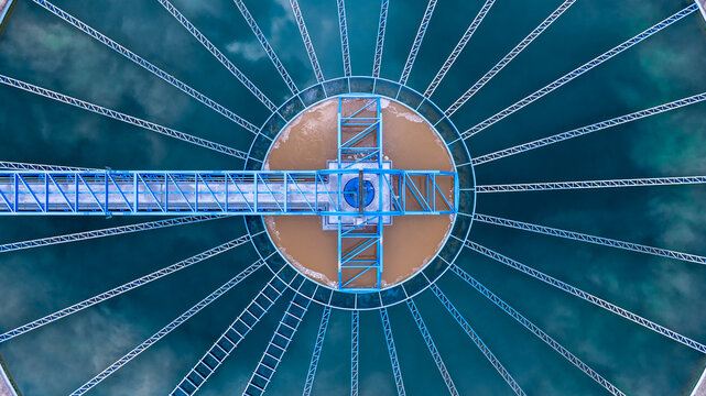 Aerial view circular clarifier tank at wastewater treatment plant, Industrial infrastructure, Environment technology sustainable water management system, Sedimentation tank circular clarifier.