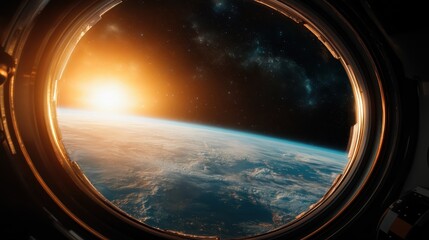 A breathtaking view shows the Earth from a spacecraft, with warm sunlight illuminating the planet, capturing the awe and wonder of space exploration.
