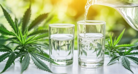 Water being poured into glasses beside cannabis leaves