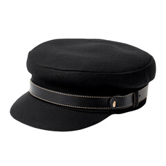 Fashionable black cap with leather strap in studio setting. PNG image, transparent background