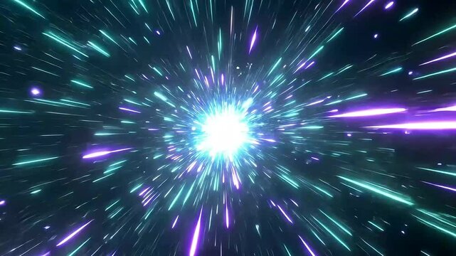 Bright light streaks burst outward in a vibrant, dynamic hyperspace or warp speed effect