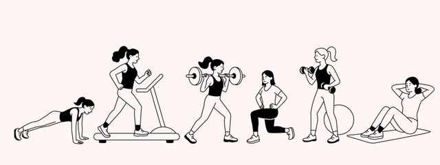 Sportswomen girls training in the gym. Lifting barbells and dumbbells, running on a treadmill, stretching. flat vector linear illustration
