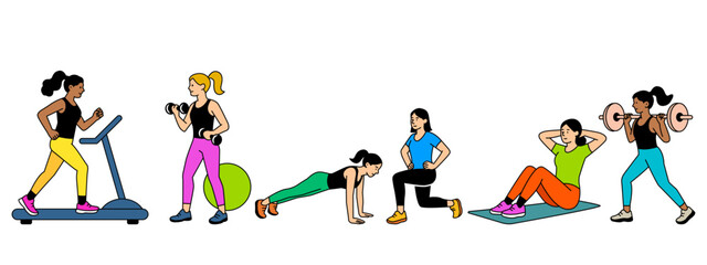 Sportswomen girls training in the gym. Lifting barbells and dumbbells, running on a treadmill, stretching. flat vector linear illustration