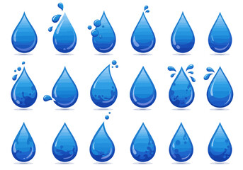 Collection of blue water drop vector illustrations for graphic design and creative projects use, set on transparent background silhouette


