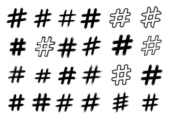 Collection of hand drawn hashtag symbols, social media marketing vector graphic elements for web design use on transparent background silhouette


