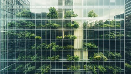 Obraz premium Modern glass facade with lush greenery. Vertical gardens on a high-rise building. Green plants and trees between glass panels. Sustainable architecture, urban landscape