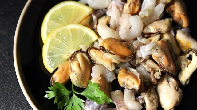 Seafood mix mussels, shrimp, prawn, rapan, squid dish fresh gourmet food background on the table rustic food top view copy space pescetarian diet