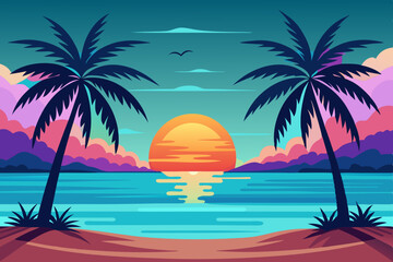 Vibrant Sunset over Tropical Beach with Palm Trees